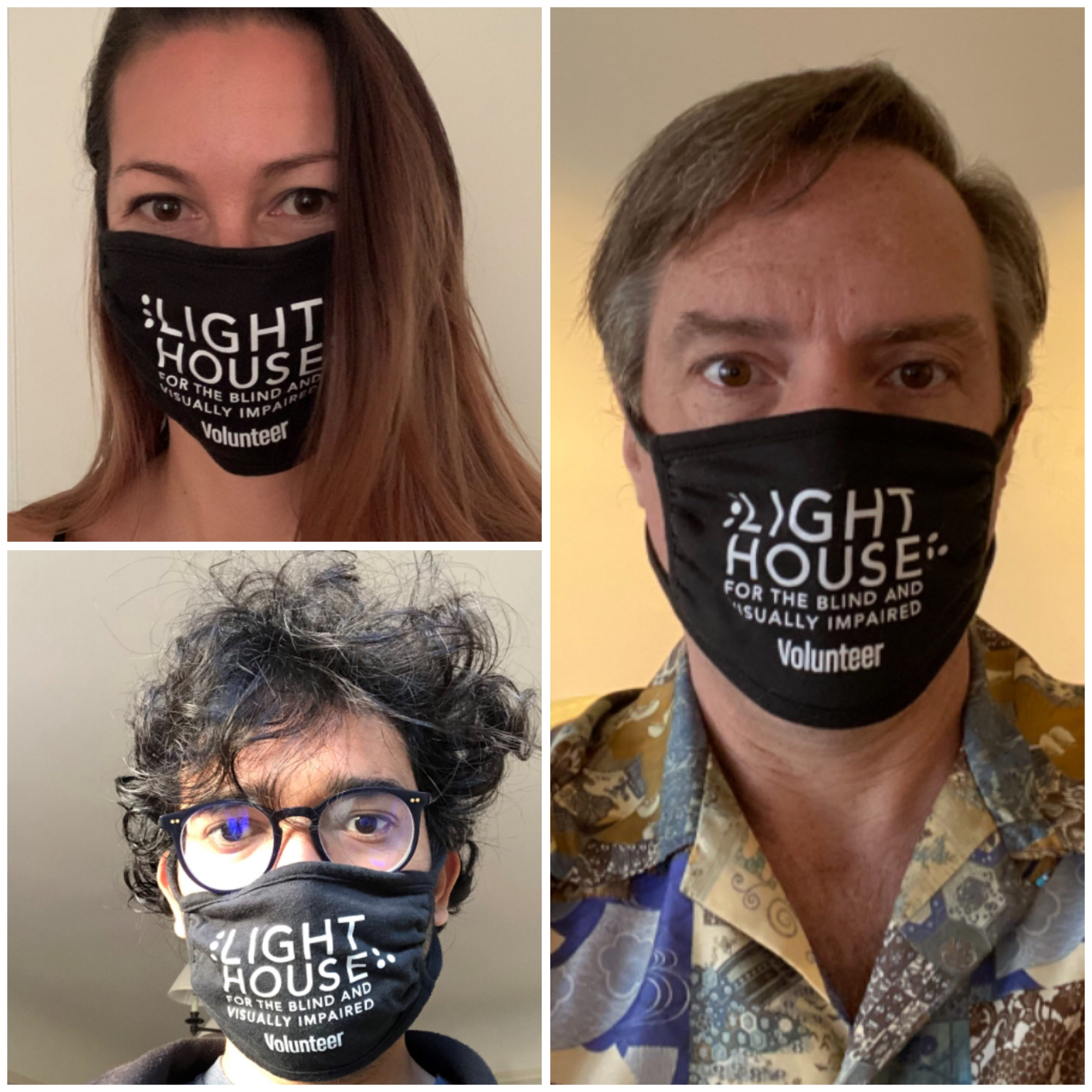 Composite photo of volunteers Alex, Gaurav and Mike wearing LightHouse branded masks