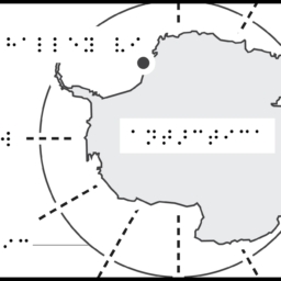 Tactile map of Antarctica with Longitude lines and braille labels.