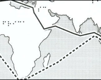 Detail map of route through Suez Canal and route around Africa.