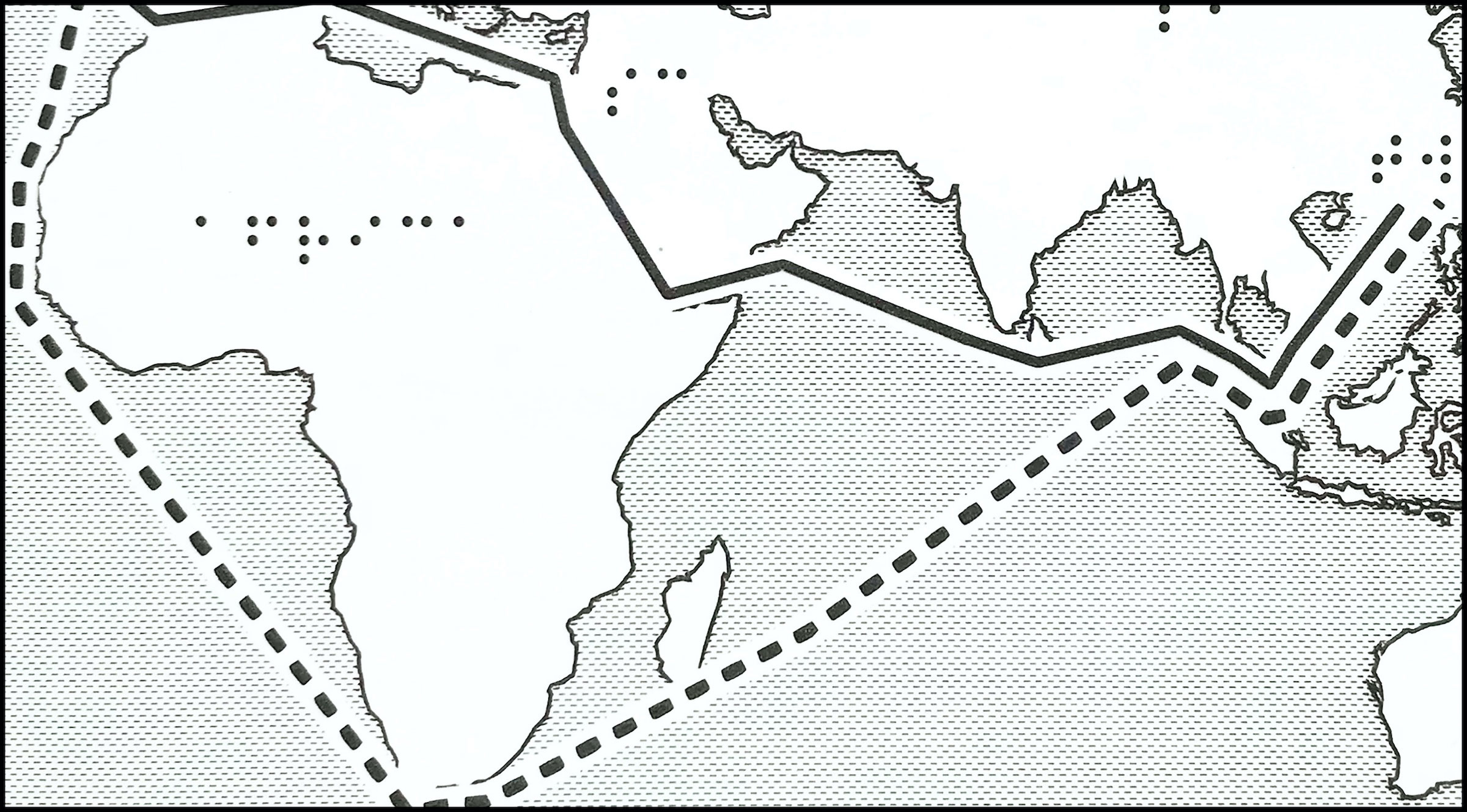Detail map of route through Suez Canal and route around Africa.