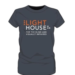 A charcoal gray short sleeved t-shirt with the orange and white LightHouse logo on the front center