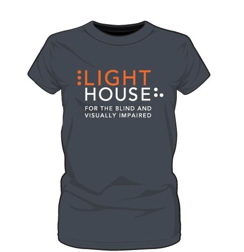 A charcoal gray short sleeved t-shirt with the orange and white LightHouse logo on the front center