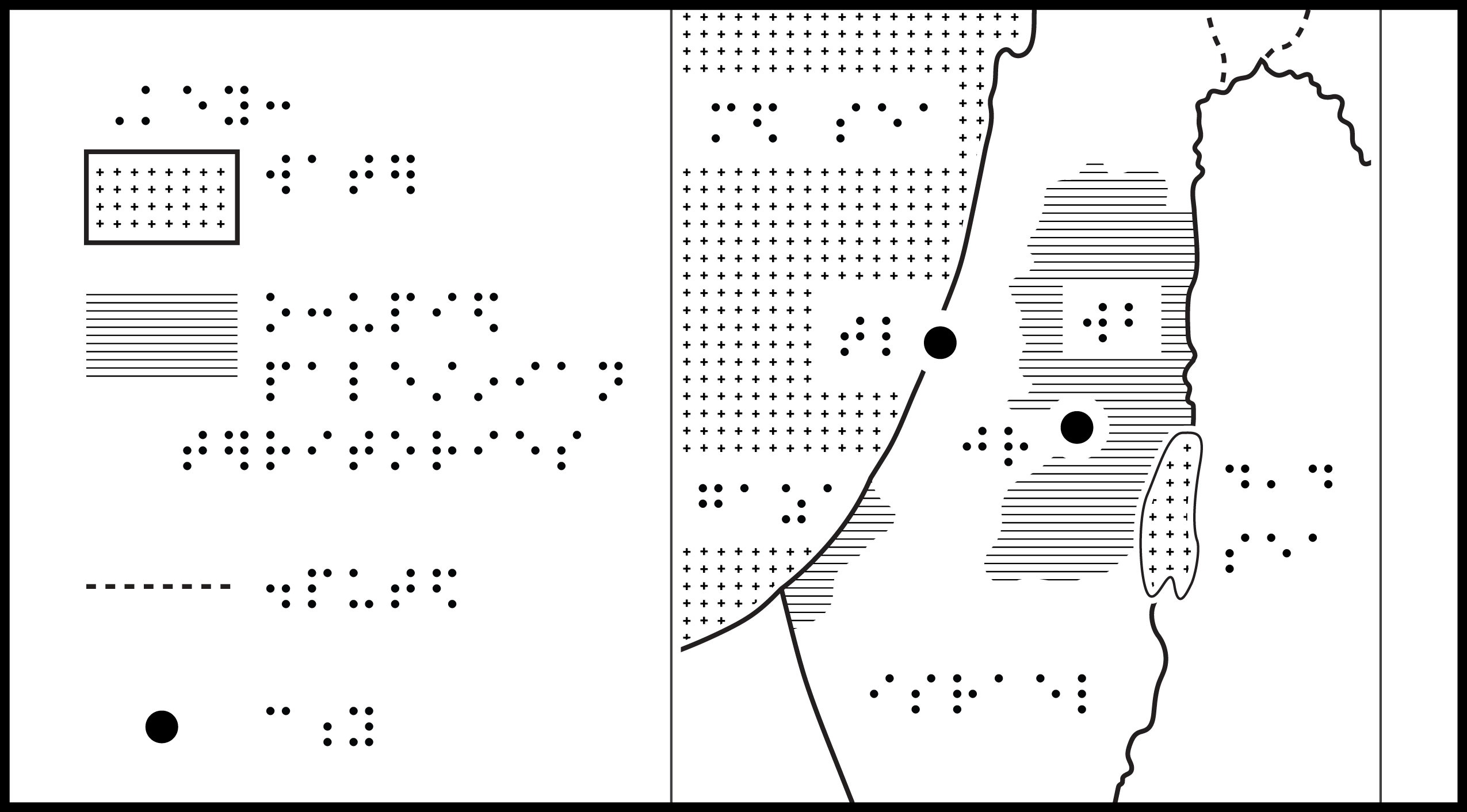 Cropped map of Gaza and West Bank with braille labels on right, keyed items on left.