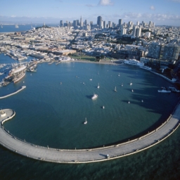 Aerial view of San Francisco's waterfront Aquatic Park and Pier and the surrounding cove