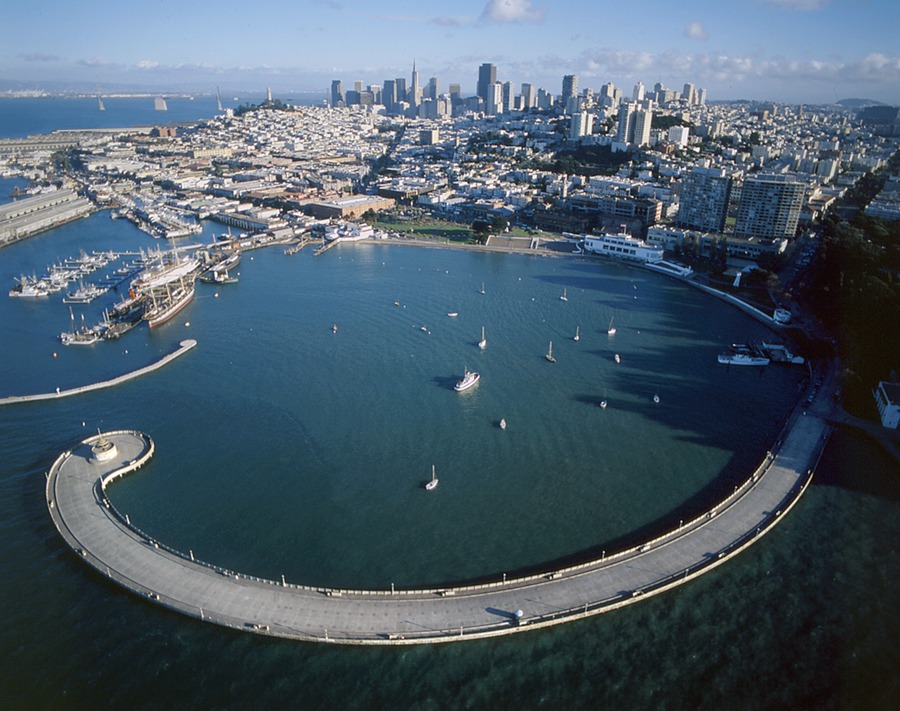 Aerial view of San Francisco's waterfront Aquatic Park and Pier and the surrounding cove
