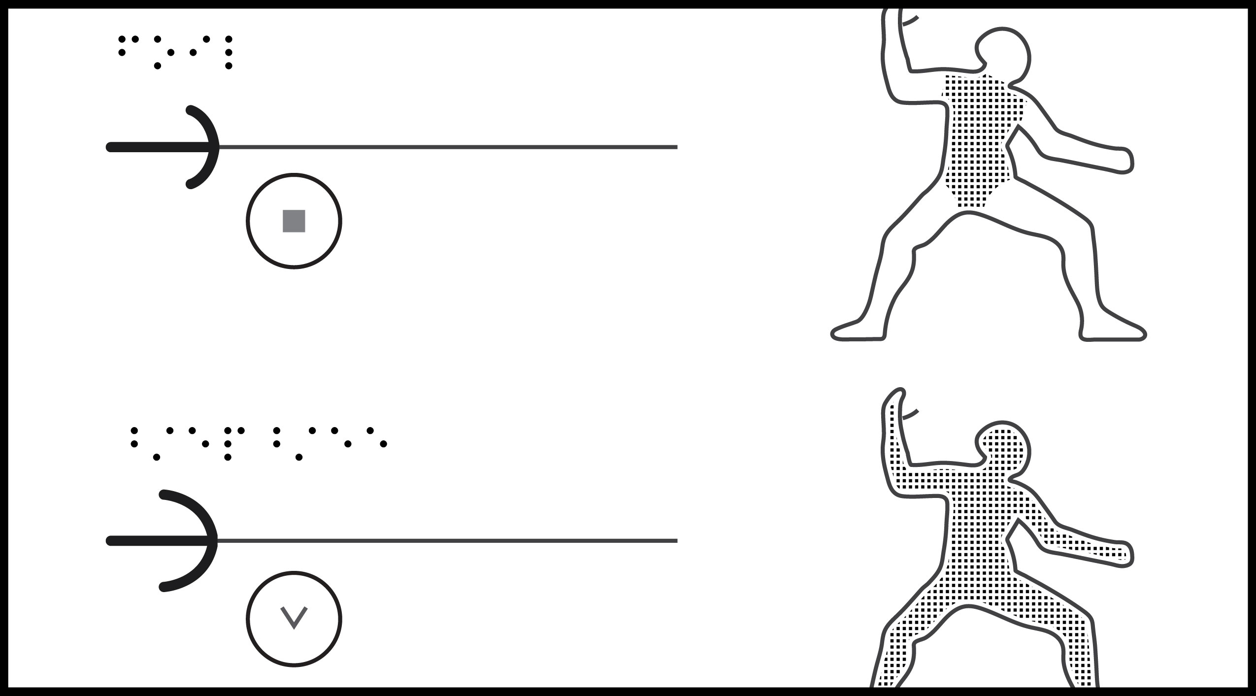 Cropped illustration of 2 horizontal fencing weapons, blade cross sections in circles, and shaded target areas on body, with braille labels.