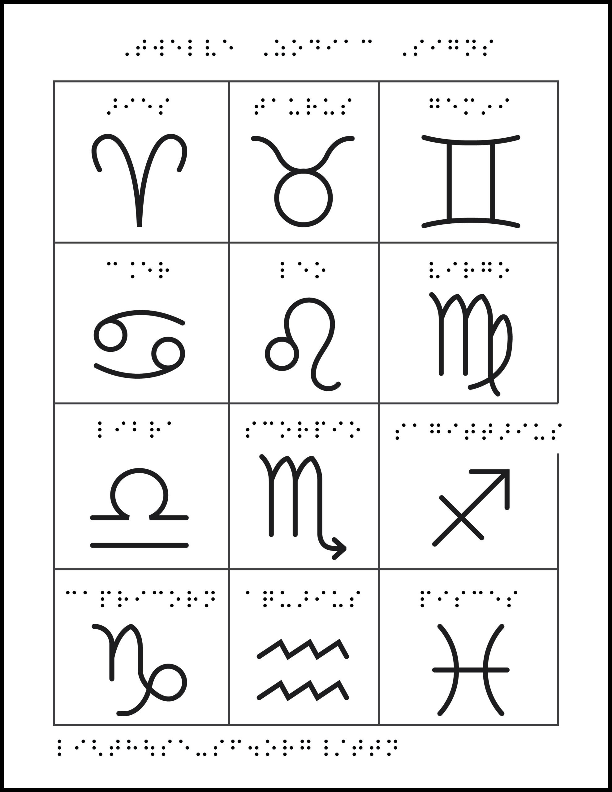 12 signs of the zodiac with braille labels