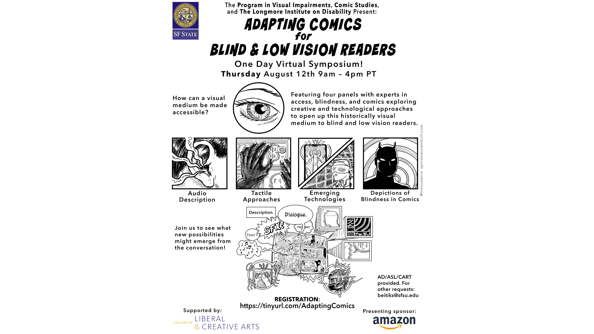 A poster for the webinar with pictures and captions for audio description, tactile approaches, emerging technologies and depictions of blindness in comics. Info on where to register and accessibility for the webinar is also provided.