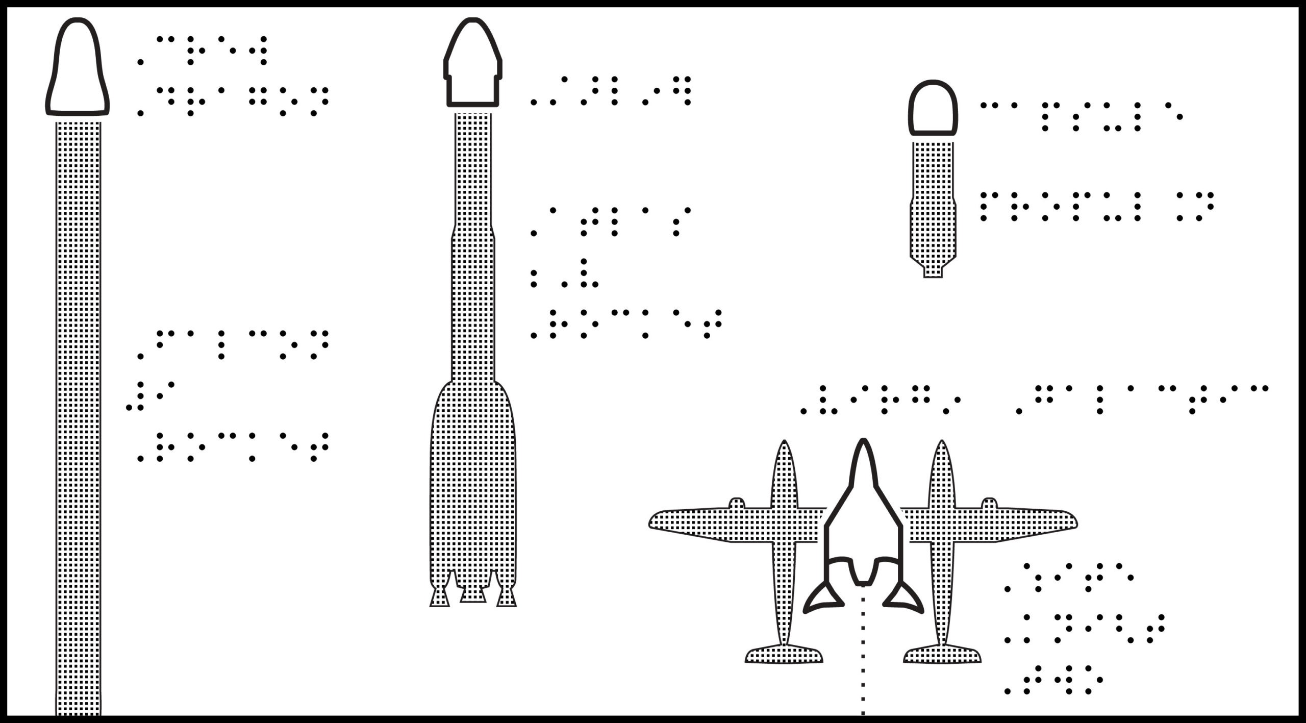 Four space vehicles, each with different shaped rockets and crew capsules, with braille labels.