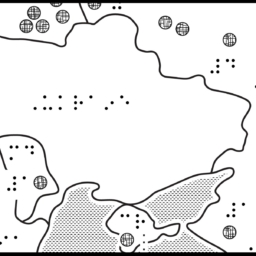 Map of Ukraine with symbols and braille labels within bordering countries.