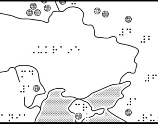 Map of Ukraine with symbols and braille labels within bordering countries.