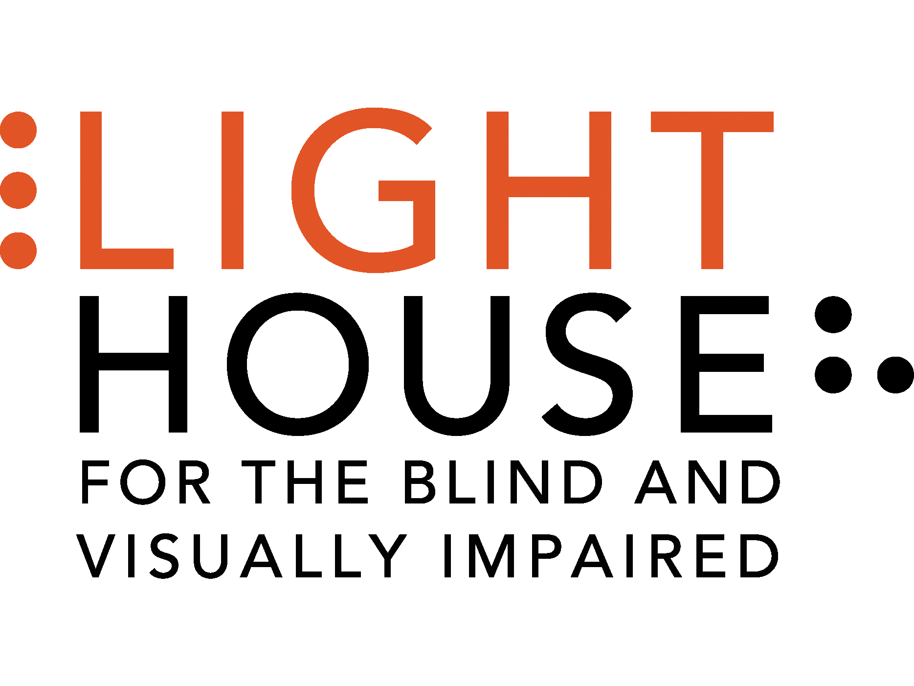 LightHouse Logo in persimmon and black. The word Lighthouse is bookended by a braille L and a braille H. Words read LightHouse for the Blind and Visually Impaired.