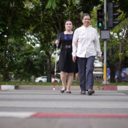 94cc9689-5013-6029-cbc6-72d1976329e5 Two people cross an intersection with an APS. One is using a white cane