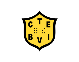 CTEBVI yellow shield logo features print letter "CTE" at the top, braille contractions reading "for the" in the middle, and "BVI" in print letters at the bottom