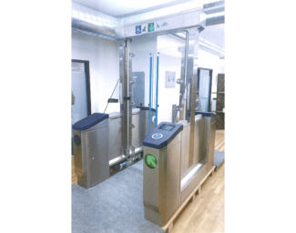 Rendering of the new accessible fare gate at a BART station with five foot high clear swing doors