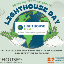 The invitation to LightHouse Day 2024: A drawing of a globe nestled between two small clouds with branches peeking out the top of the clouds. On the globe is a white text box with the LightHouse ECO logo. Text on the invitation gives details about where and when LightHouse Day is.