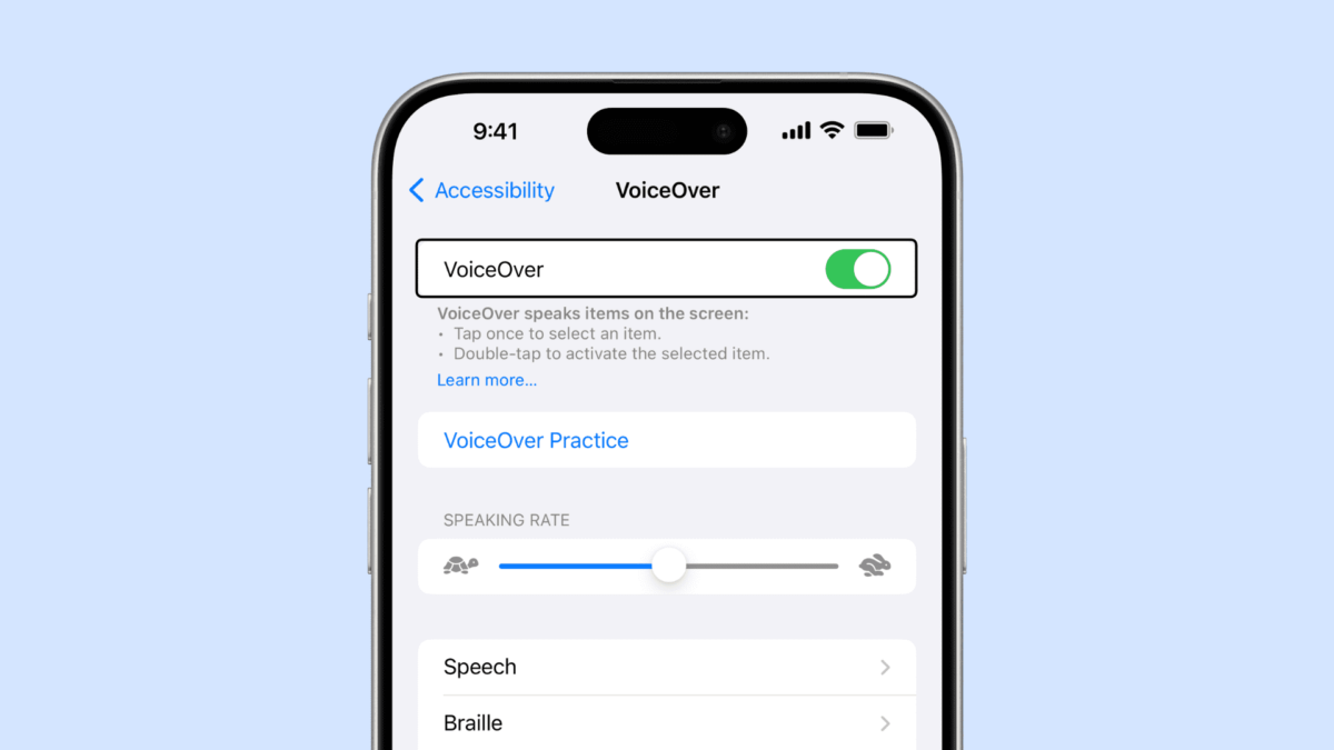 An iPhone displays VoiceOver settings onscreen