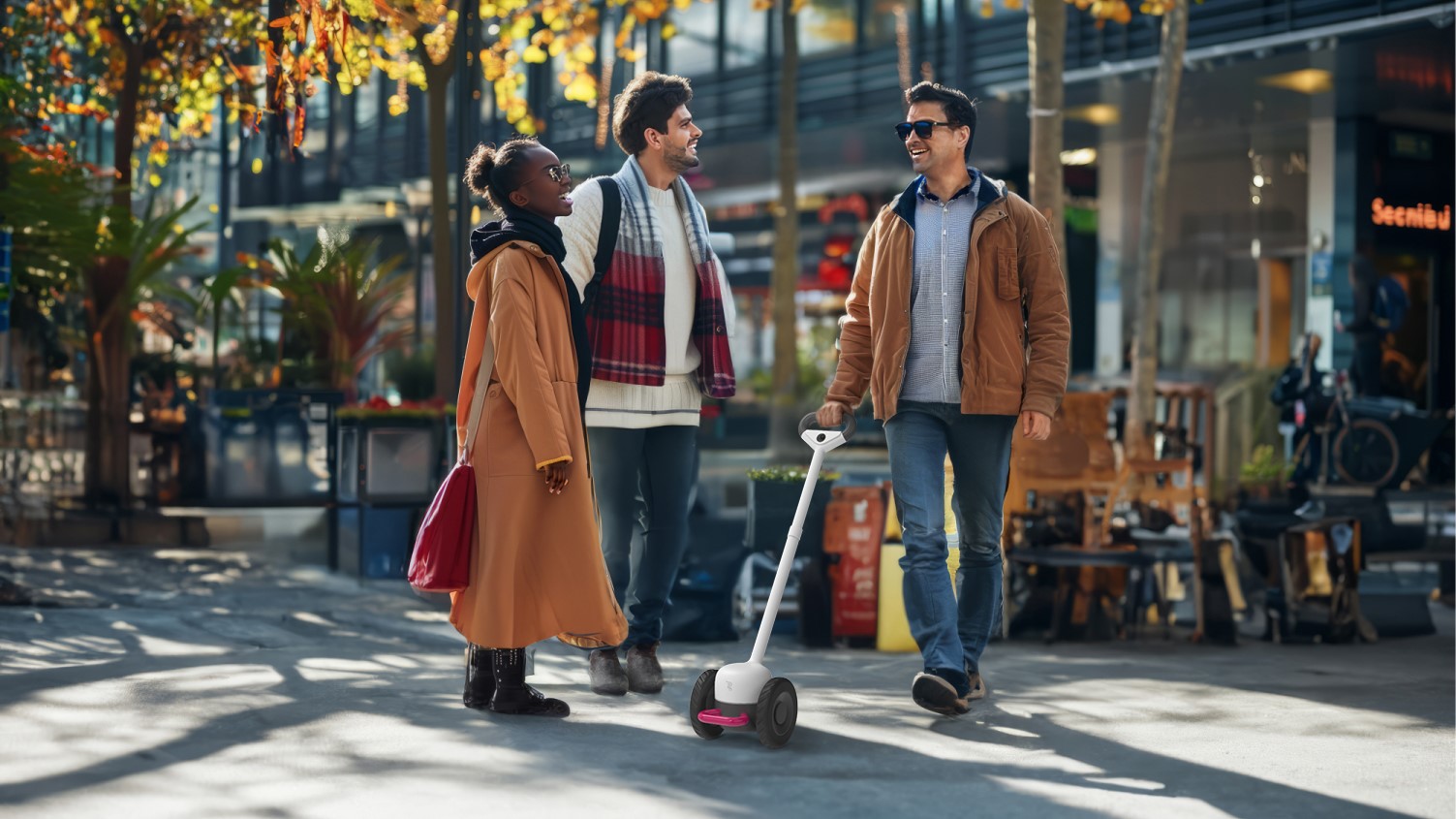 A man using the Glide mobility device chats with two others on a city sidewalk