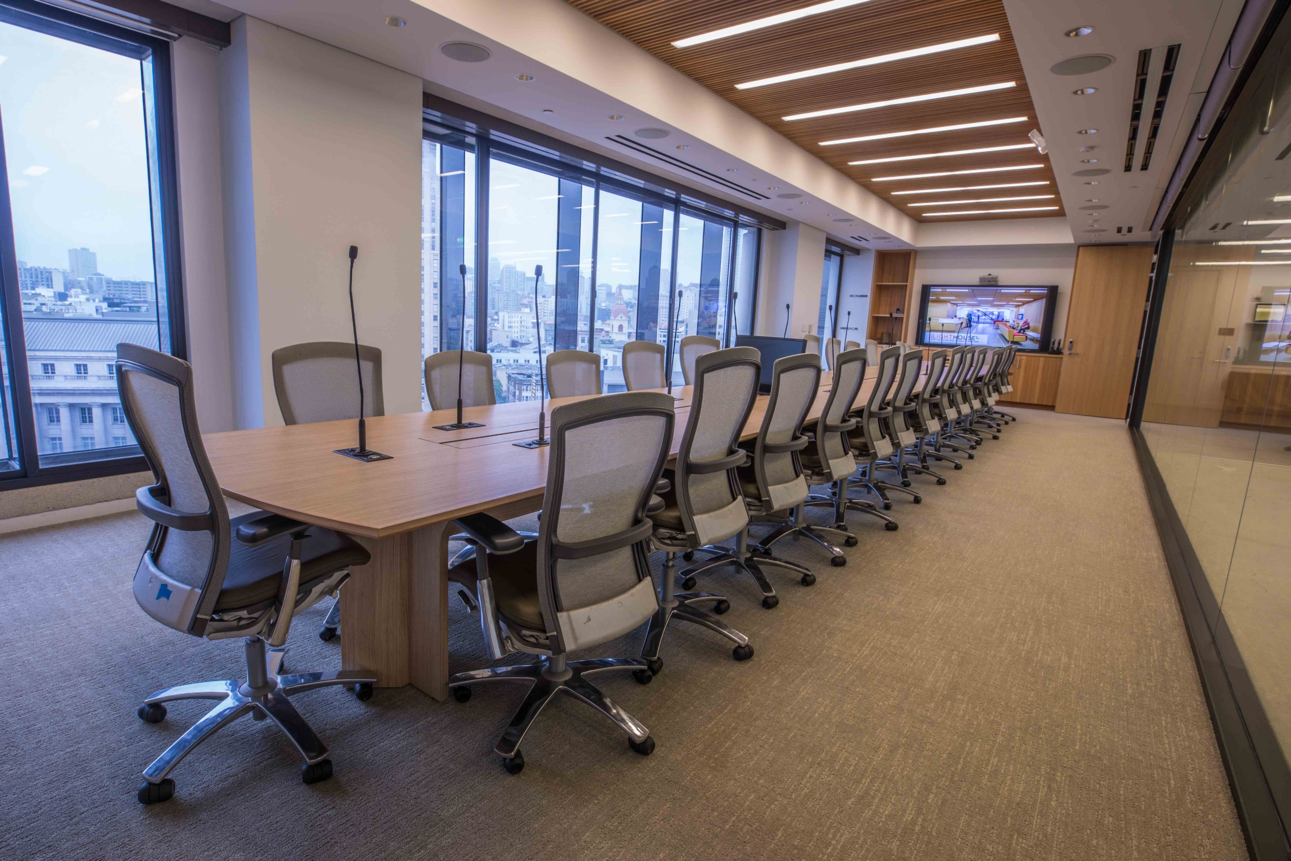 The 30-person LightHouse boardroom with a view of City Hall.